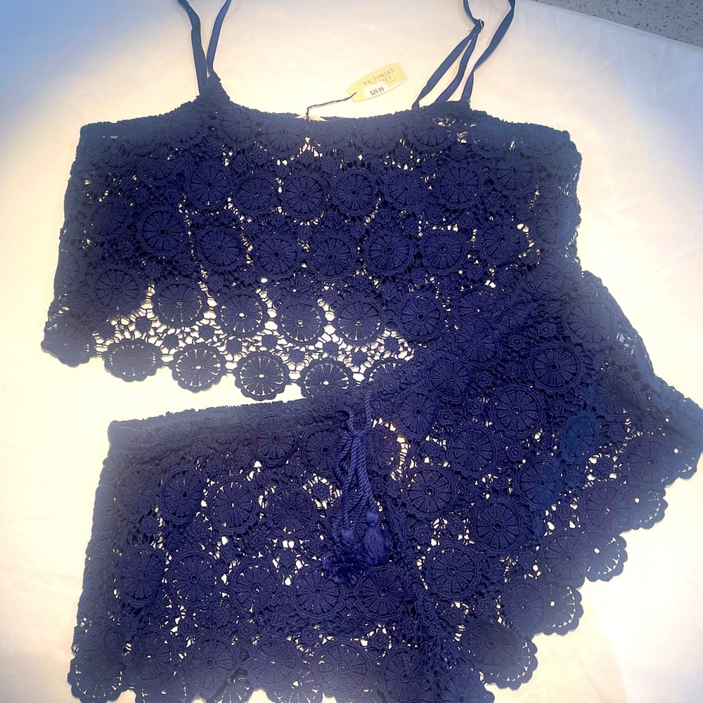 Victoria's Secret Navy Blue Crochet Swim Coverup Set Boho Festival Indie